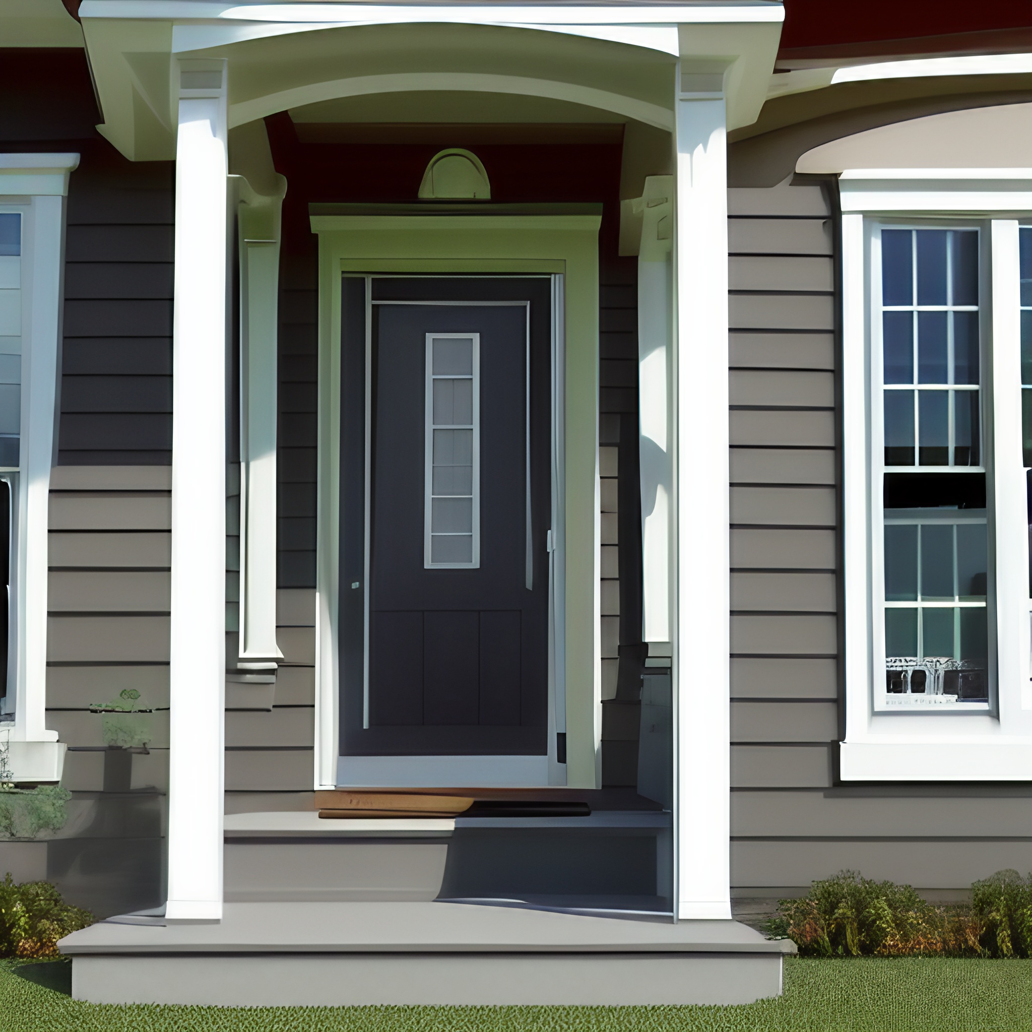 Contemporary black front door with narrow decorative glass panel and white trim on a covered front porch.