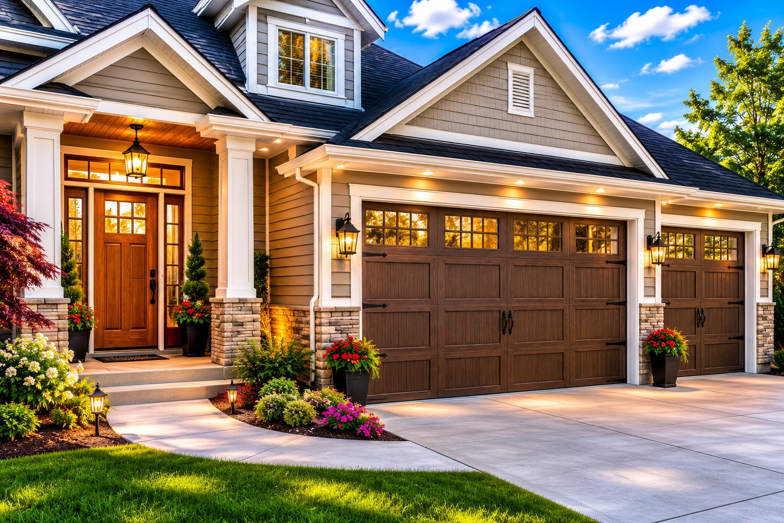 Beautiful home with a custom wood entry door, carriage-style garage doors, and modern exterior finishes.