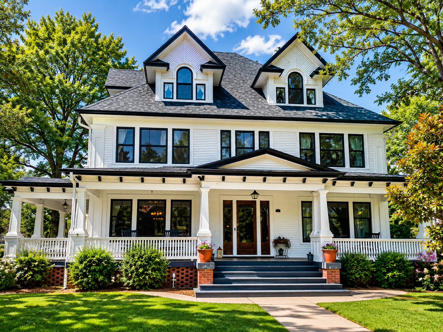 Large white home with black-framed replacement windows and a wraparound front porch.